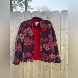 Coldwater Creek Floral Sheer-Overlay‎ Open Front Jacket black red petite medium